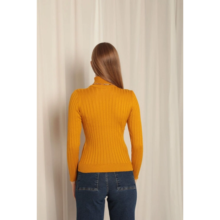 Triko Kumaş Balıkçı Yaka Kadın Hardal Bluz