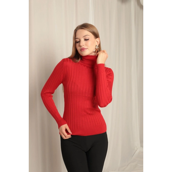 Triko Kumaş Balıkçı Yaka Kadın Kırmızı Bluz