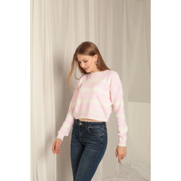 Triko Kumaş Çizgili Kadın Pembe Kazak