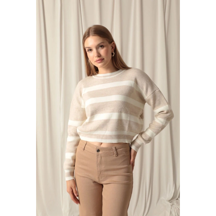 Triko Kumaş Çizgili Kadın Taş Kazak