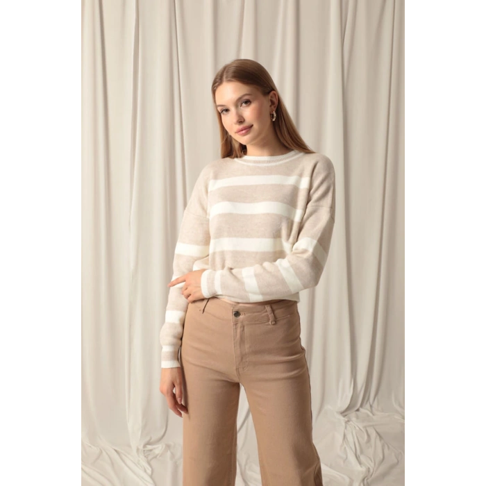 Triko Kumaş Çizgili Kadın Taş Kazak