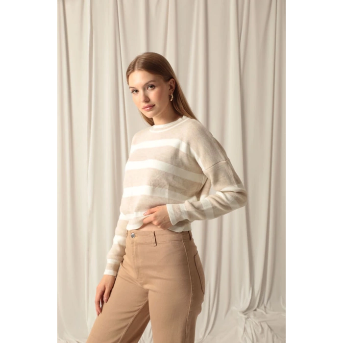 Triko Kumaş Çizgili Kadın Taş Kazak