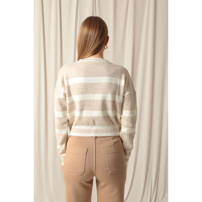 Triko Kumaş Çizgili Kadın Taş Kazak