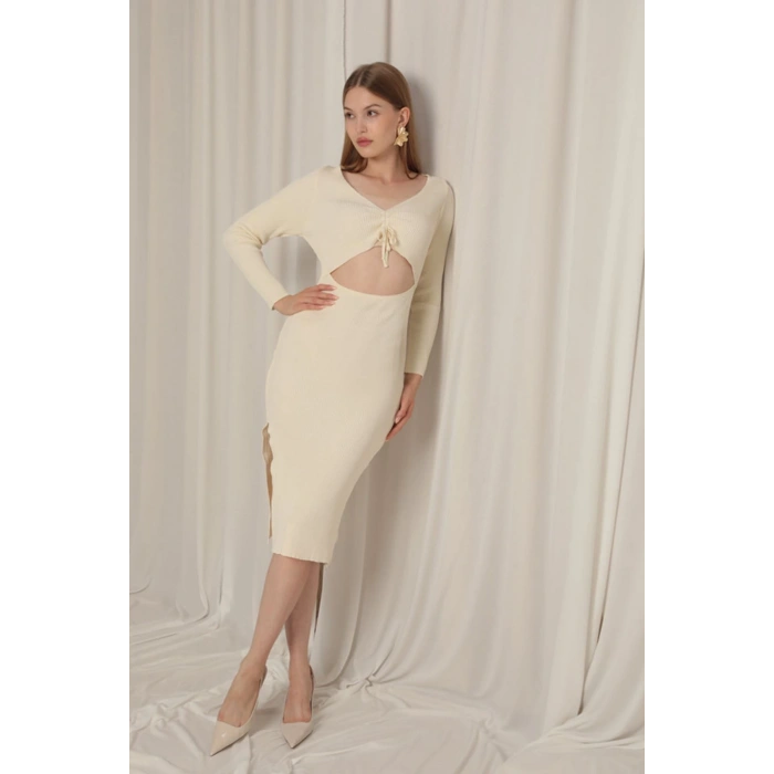 Triko Kumaş Dekolteli Kadın Ekru Elbise