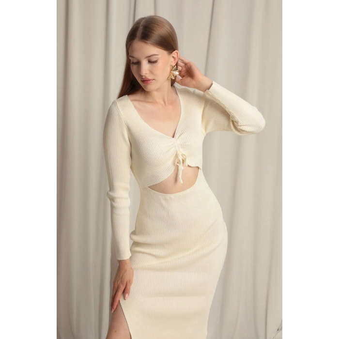 Triko Kumaş Dekolteli Kadın Ekru Elbise