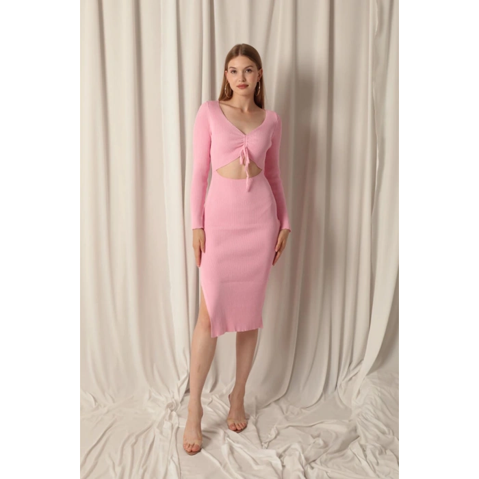 Triko Kumaş Dekolteli Pembe Elbise