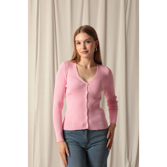 Triko Kumaş Düğmeli Kadın Pembe Hırka
