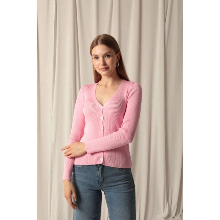 Triko Kumaş Düğmeli Kadın Pembe Hırka