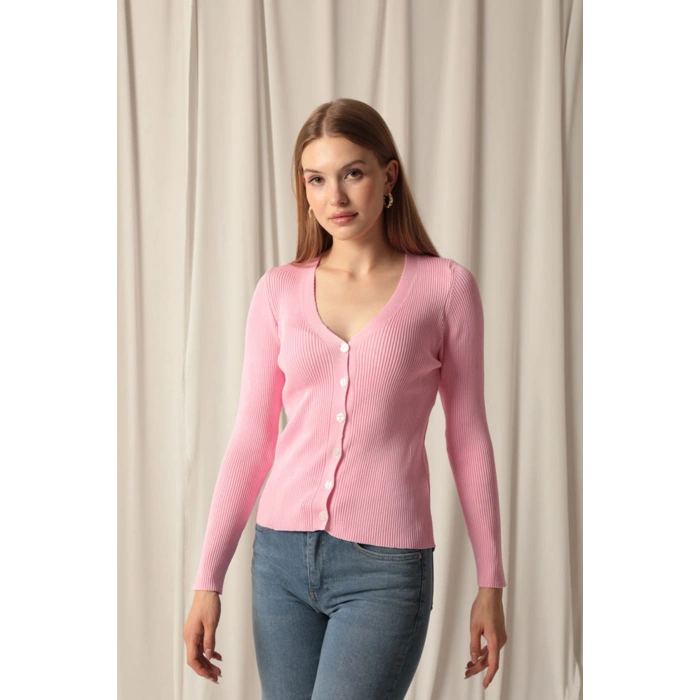 Triko Kumaş Düğmeli Kadın Pembe Hırka
