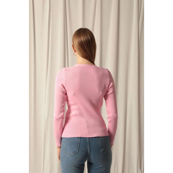 Triko Kumaş Düğmeli Kadın Pembe Hırka