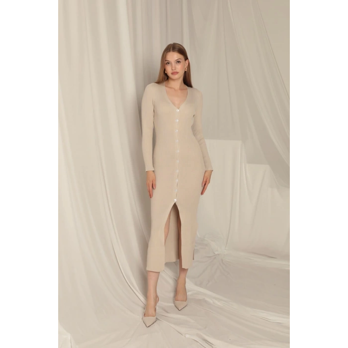 Triko Kumaş Düğmeli Kadın Taş Elbise