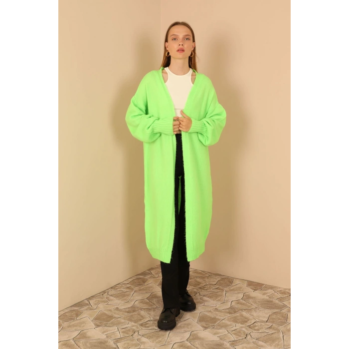 Triko Kumaş Şal Yaka Uzun Kadın Hırka-Neon Yeşil