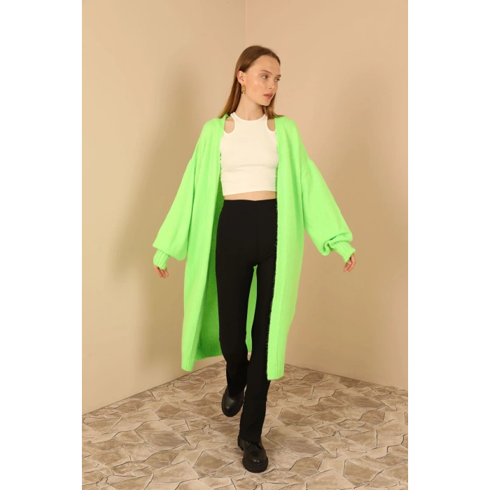 Triko Kumaş Şal Yaka Uzun Kadın Hırka-Neon Yeşil