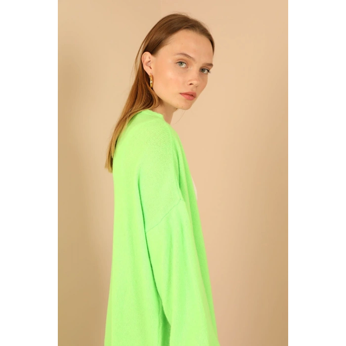 Triko Kumaş Şal Yaka Uzun Kadın Hırka-Neon Yeşil