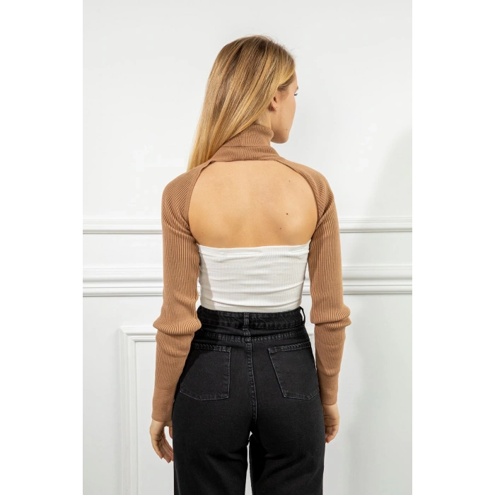 Triko Kumaş Uzun Kollu Boğazlı Yaka Bolero-Camel
