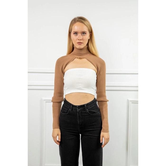 Triko Kumaş Uzun Kollu Boğazlı Yaka Bolero-Camel