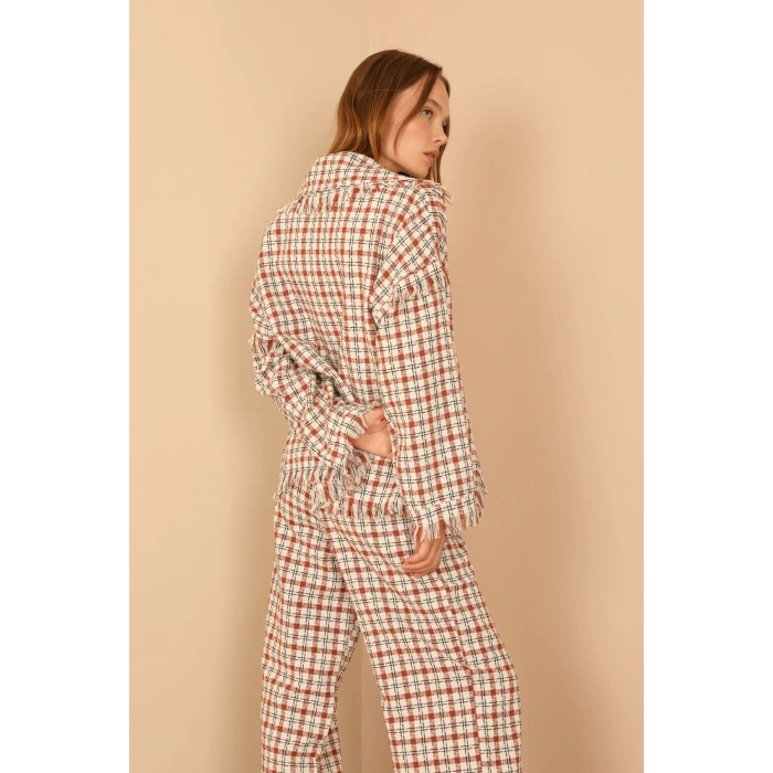 Tüvit Kumaş Uzun Kol Basen Boy Bol Kalıp Kadın Ceket-Taba