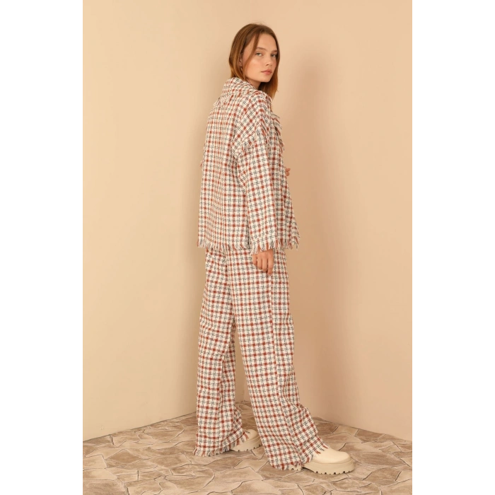 Tüvit Kumaş Uzun Kol Basen Boy Bol Kalıp Kadın Ceket-Taba