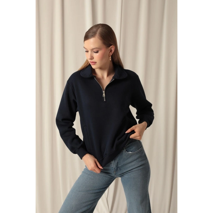 Üç İplik Bebe Yaka Kadın Lacivert Sweat