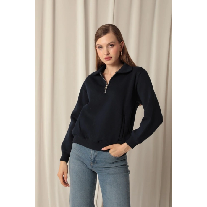 Üç İplik Bebe Yaka Kadın Lacivert Sweat