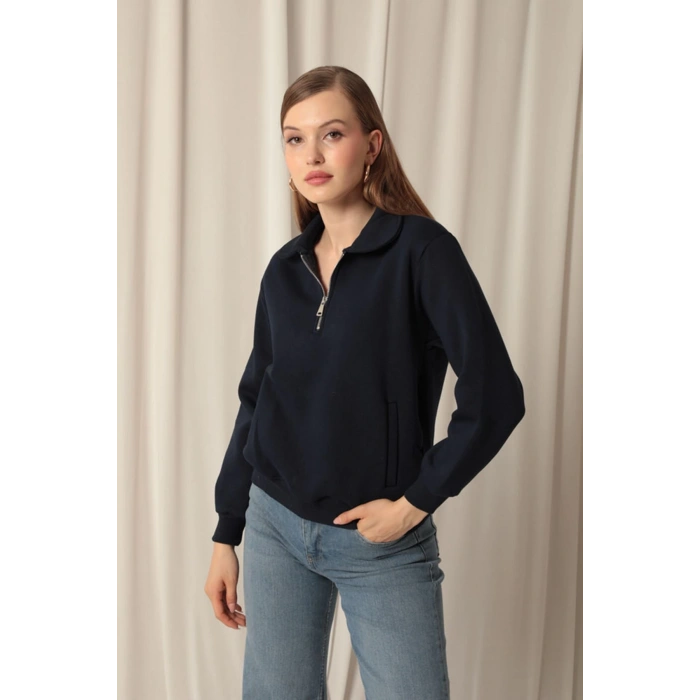 Üç İplik Bebe Yaka Kadın Lacivert Sweat