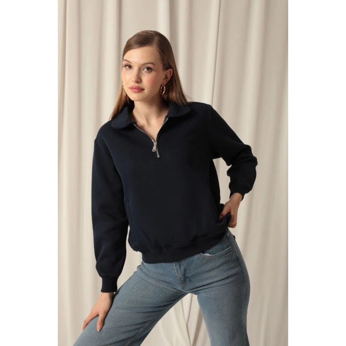 Üç İplik Bebe Yaka Kadın Lacivert Sweat