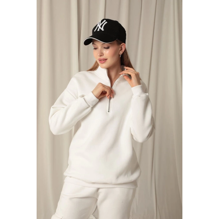 Üç İplik Dik Yaka Yarım Fermuarlı Kadın Ekru Sweat