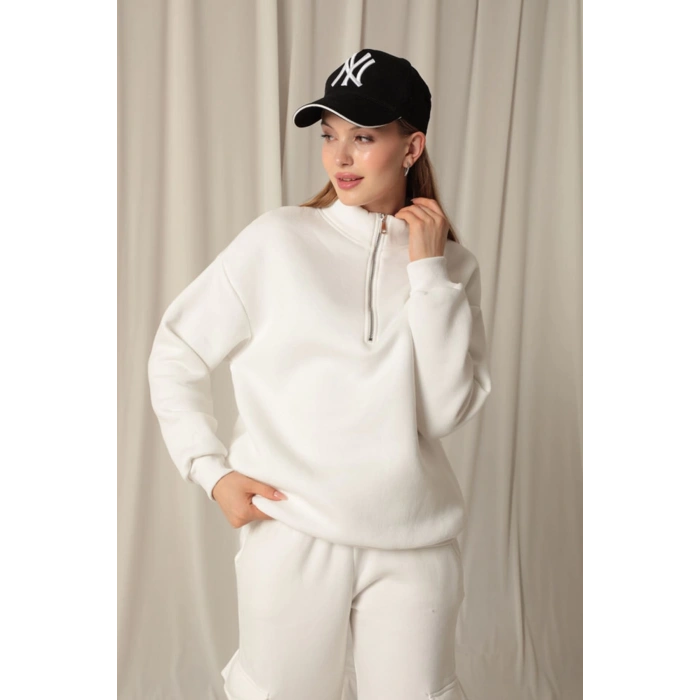 Üç İplik Dik Yaka Yarım Fermuarlı Kadın Ekru Sweat