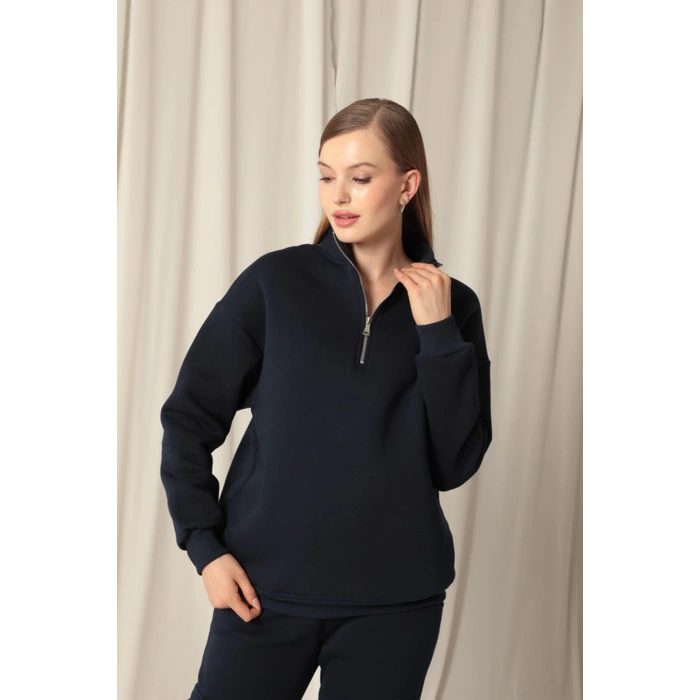 Üç İplik Dik Yaka Yarım Fermuarlı Kadın Lacivert Sweat