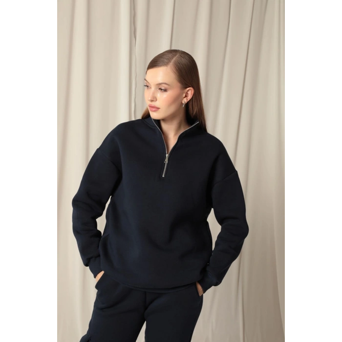 Üç İplik Dik Yaka Yarım Fermuarlı Kadın Lacivert Sweat