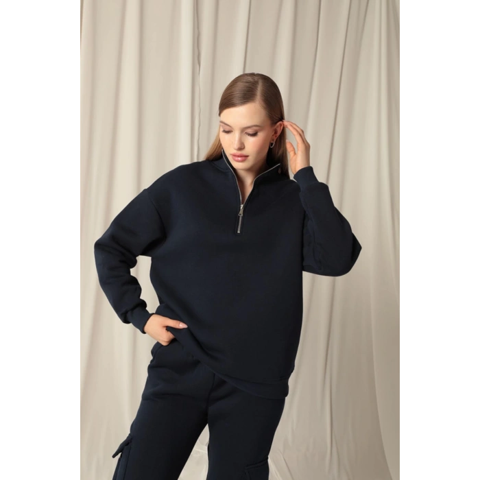 Üç İplik Dik Yaka Yarım Fermuarlı Kadın Lacivert Sweat