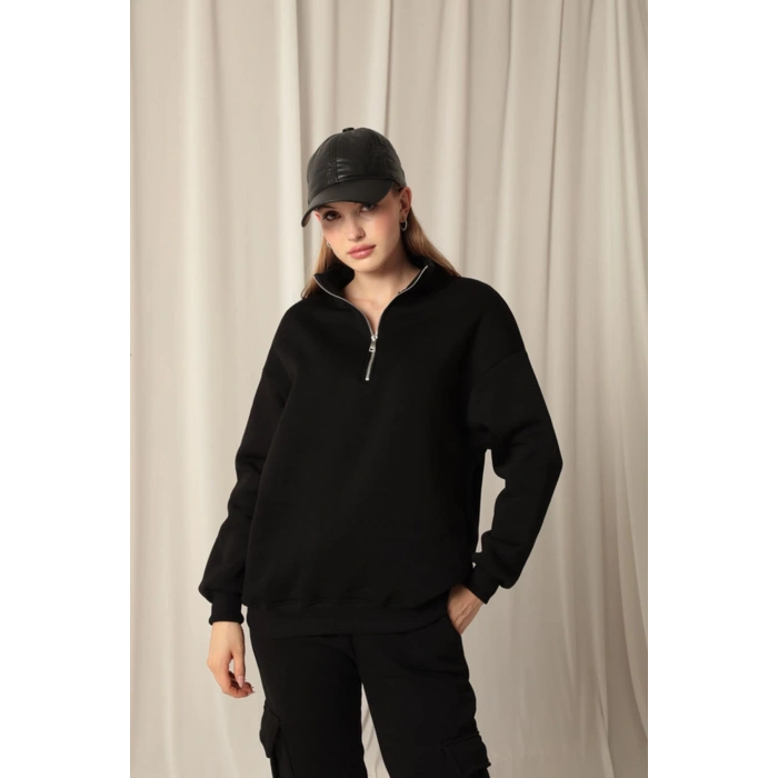 Üç İplik Dik Yaka Yarım Fermuarlı Kadın Siyah Sweat