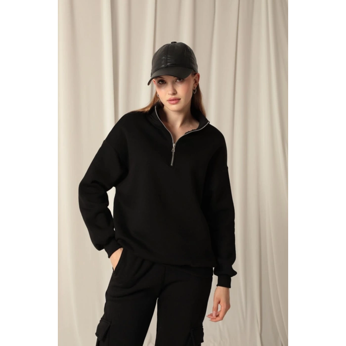 Üç İplik Dik Yaka Yarım Fermuarlı Kadın Siyah Sweat