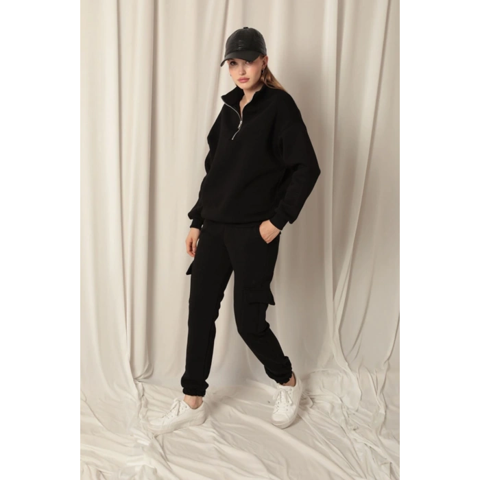 Üç İplik Dik Yaka Yarım Fermuarlı Kadın Siyah Sweat