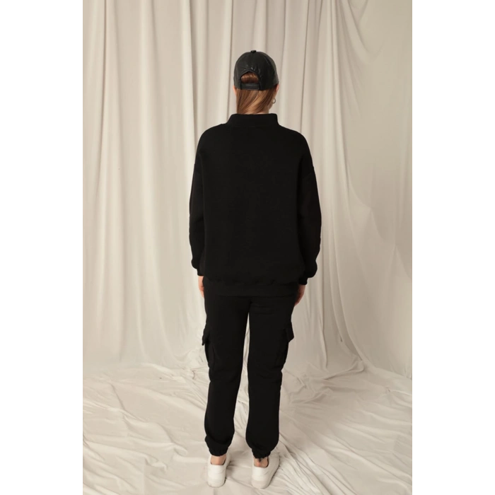 Üç İplik Dik Yaka Yarım Fermuarlı Kadın Siyah Sweat