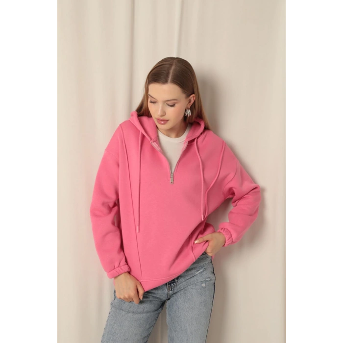 Üç İplik Kumaş Fermuarlı Kadın Pembe Sweat
