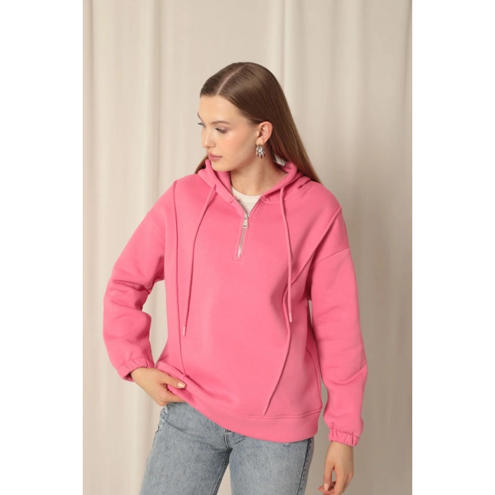 Üç İplik Kumaş Fermuarlı Kadın Pembe Sweat