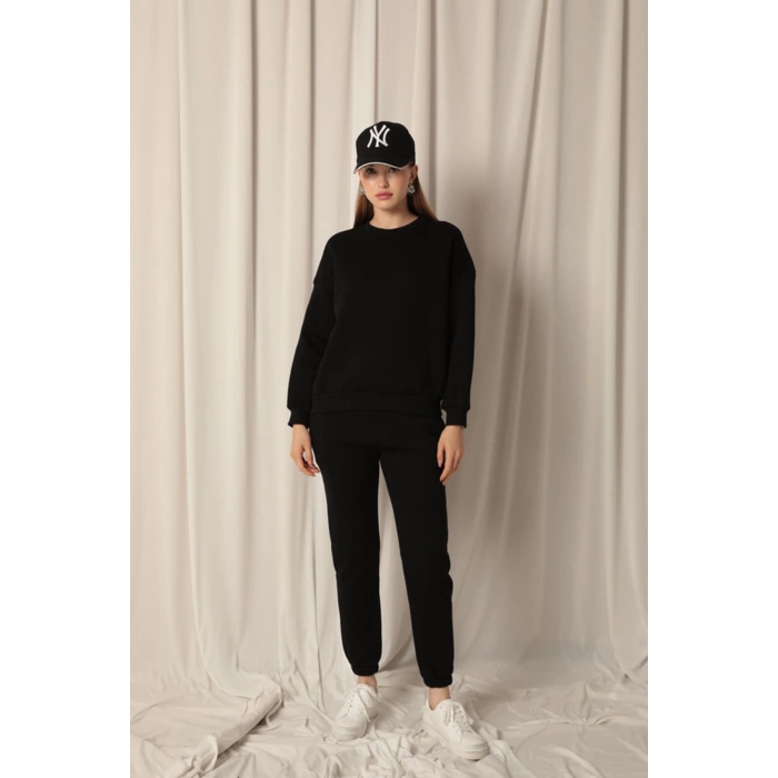 Üç İplik Kumaş Paçası Beli Lastikli Kadın Siyah Eşofman Altı