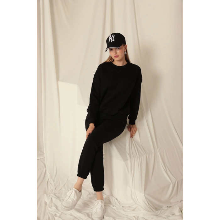 Üç İplik Kumaş Paçası Beli Lastikli Kadın Siyah Eşofman Altı