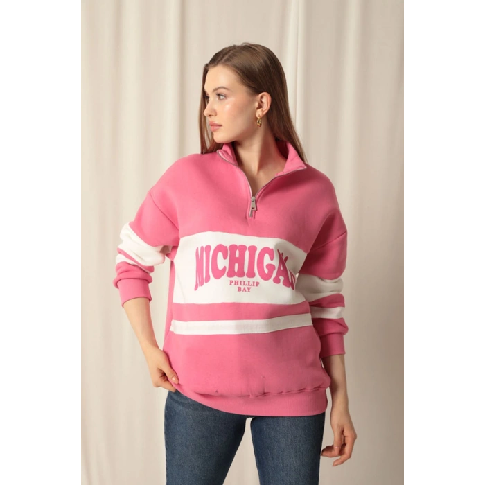Üç İplik Michigan Baskılı Fermuarlı Kadın Pembe Sweat