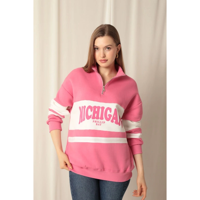 Üç İplik Michigan Baskılı Fermuarlı Kadın Pembe Sweat