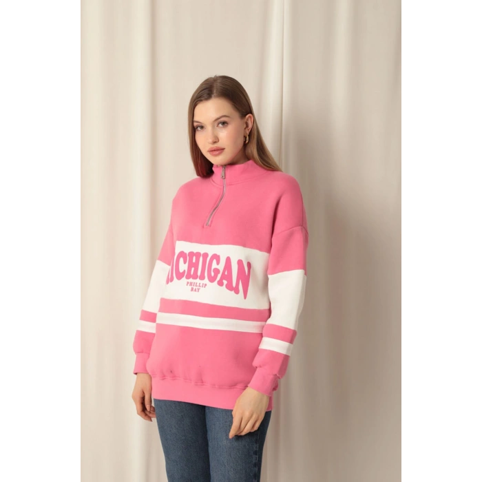 Üç İplik Michigan Baskılı Fermuarlı Kadın Pembe Sweat