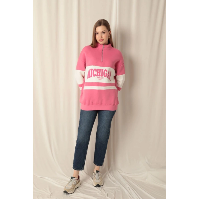 Üç İplik Michigan Baskılı Fermuarlı Kadın Pembe Sweat