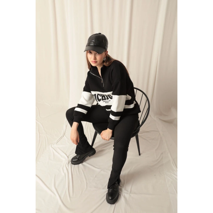 Üç İplik Michigan Baskılı Fermuarlı Kadın Siyah Sweat