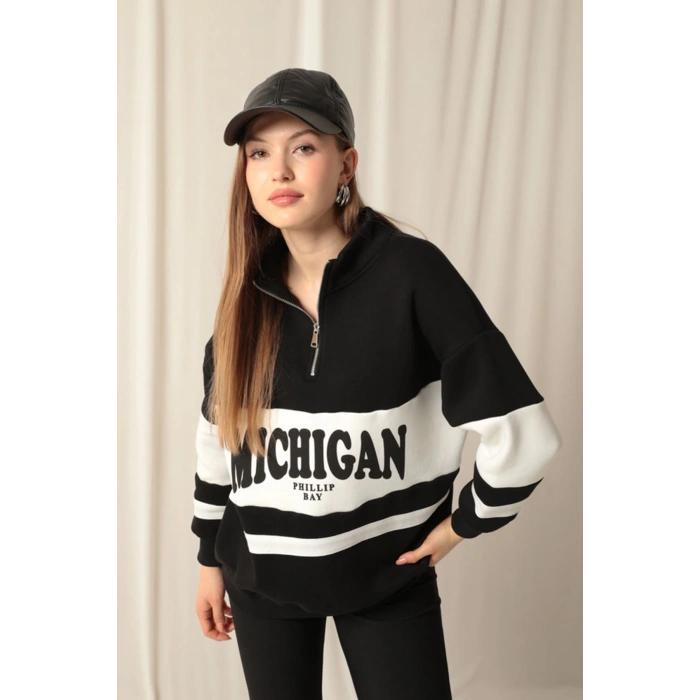 Üç İplik Michigan Baskılı Fermuarlı Kadın Siyah Sweat