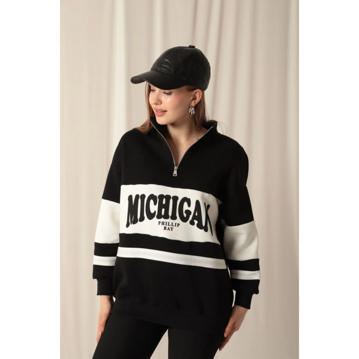 Üç İplik Michigan Baskılı Fermuarlı Kadın Siyah Sweat