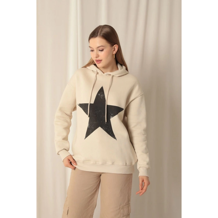 Üç İplik Yıldız Baskılı Kapüşonlu Kadın Bej Sweat