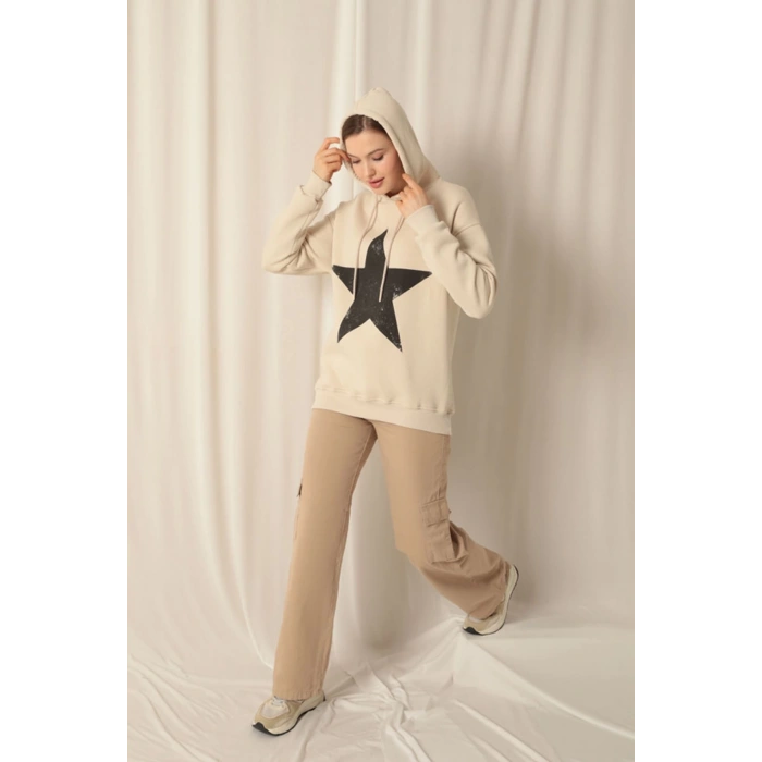 Üç İplik Yıldız Baskılı Kapüşonlu Kadın Bej Sweat