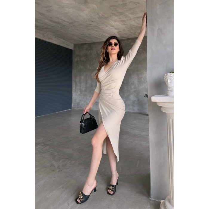 V Yaka Anvelop Etek Midi Boy Dalgıç Elbise