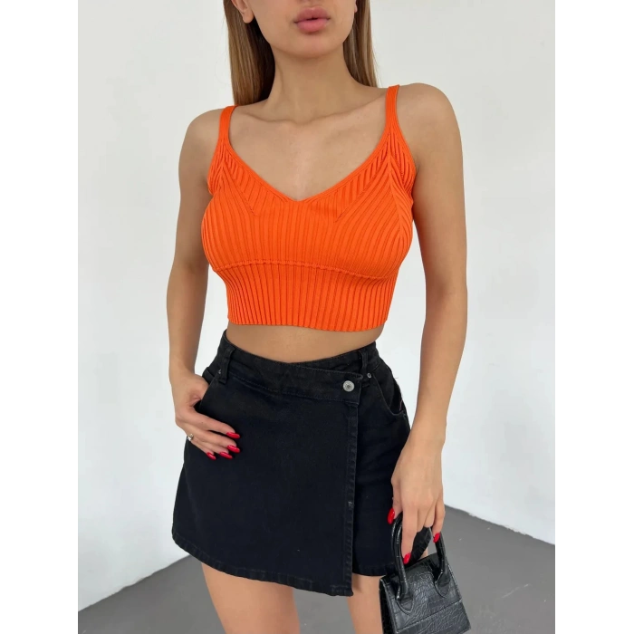 V Yaka Askılı Crop Triko Büstiyer Turuncu - DF2202